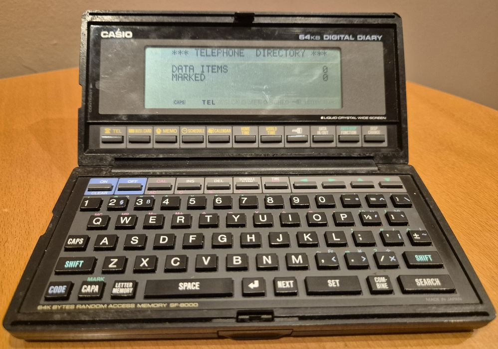 Organizer cyfrowy CASIO SF-8000 DIGITAL DIARY 64KB PDA retro vintage PRL  okazja unikat  lata 80 kalkulator terminarz LCD