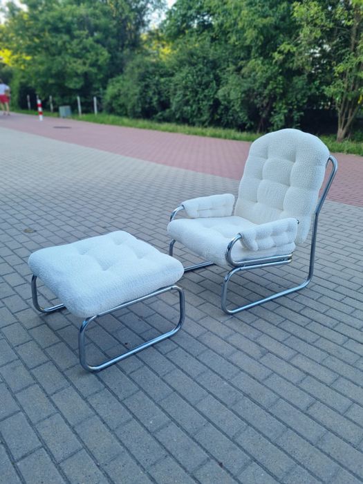 Fotel w chromie z podnóżkiem  Bauhaus lata 80 mid century vintage
