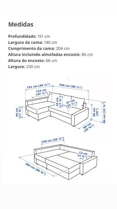 Sofá-cama 3 lugares com chaise long IKEA