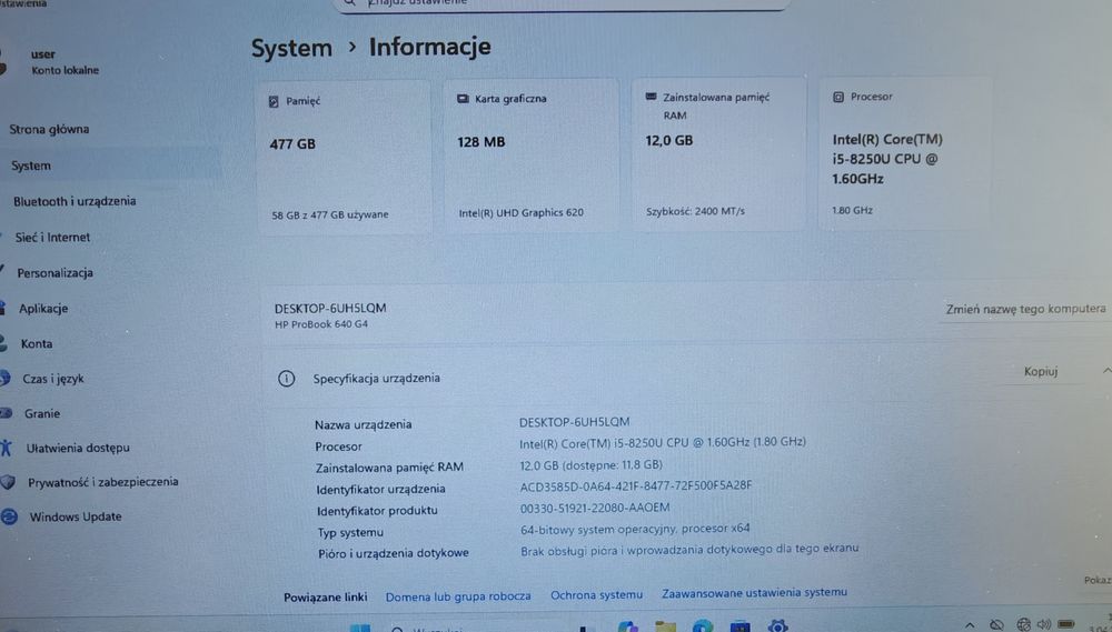 Biznesowy HP EliteBook 14": Intel i5 8gen, 12GB DDR4, SSD 512GB, Win11