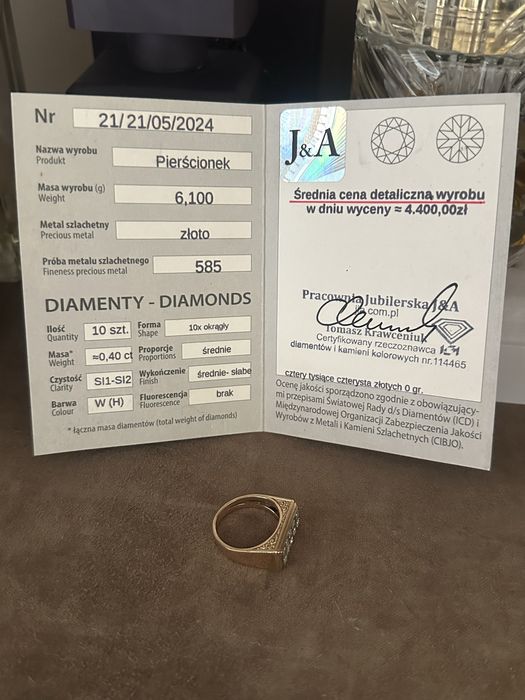 Złoty sygnet diamenty 10szt 0,40ct 6.1g 19r