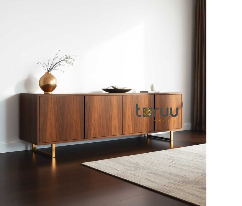 Aparador 4 Portas Nogueira Verniz Mate e Base Inox Dourado