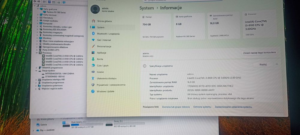 Komputer i3 8100 ,RX 580 8gb ,16gb DDR4,Dysk SSD M2 WIN11