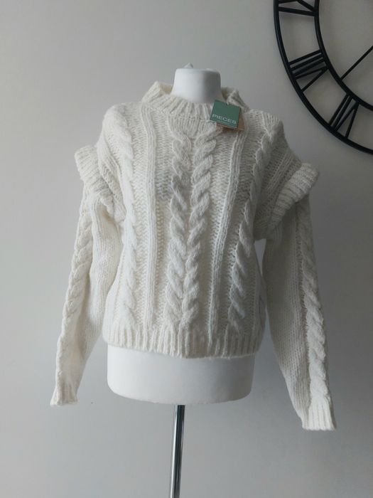 Nowy sweter ciążowy ecru biały ze splotem warkoczowym ciepły r. S piec