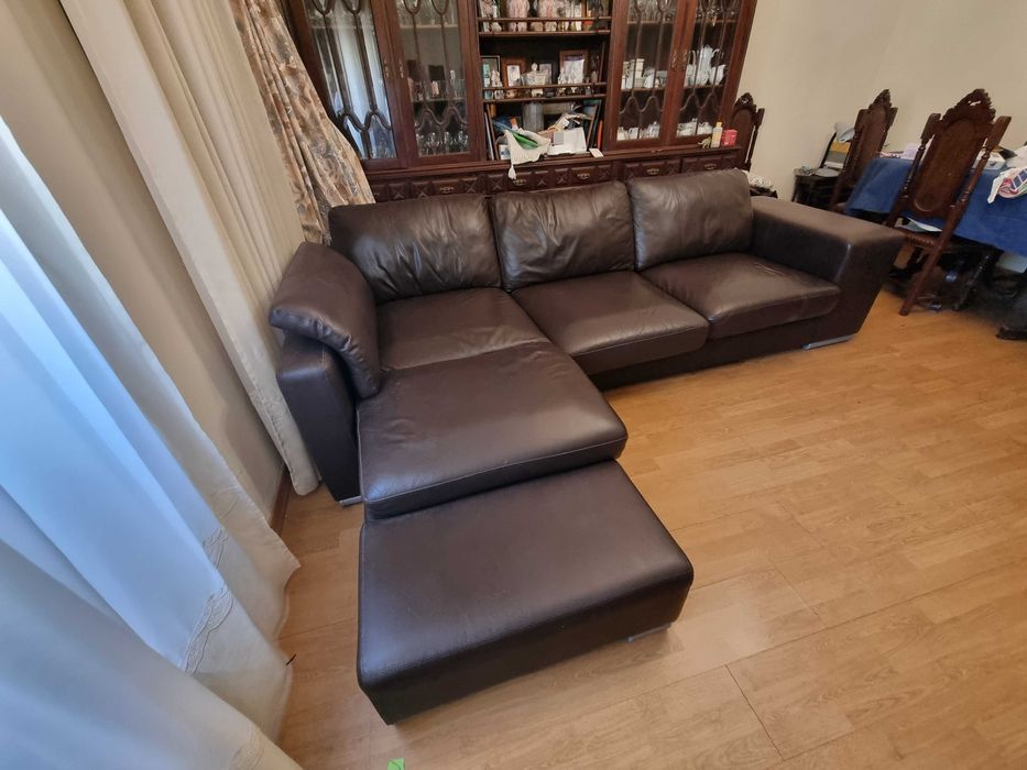 Sofa chaise longue pele castanho