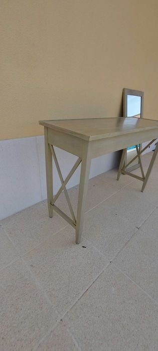 Consola / tocador em madeira maciça + espelho + mesa de apoio