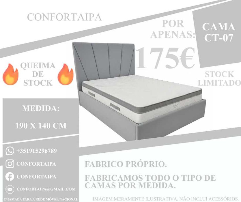 Cama de Casal Estofada - 190x140cm - Promoção Queima de Stock