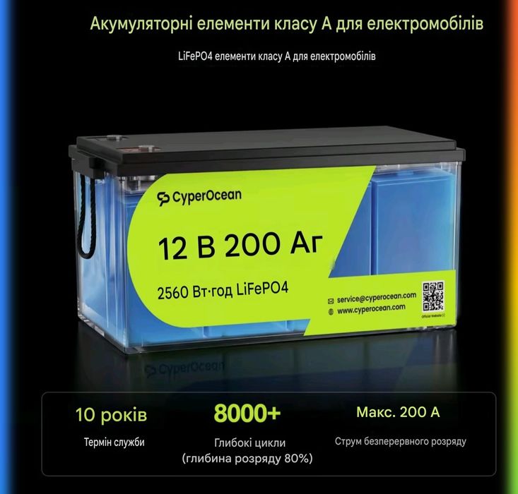 Аккумулятор lifepo4 12v 200ah 2560wh CyperOcean