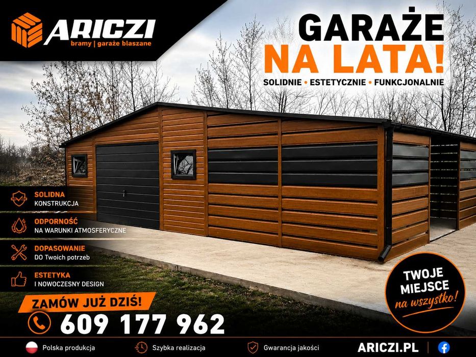 Garaż balaszany z wiatą, schowek magazynek, konstrukcja stalowa 6x6 + 4x6