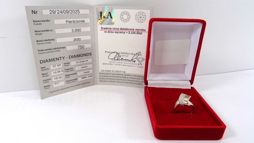 Urzekający Pierścionek z DIAMENTAMI Z BIAŁEGO ZŁOTA PR. 750 ROZ 14