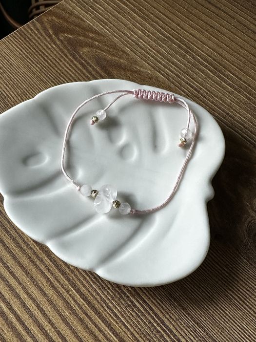 Bransoletka sopel grot kamienie naturalne kwarc różowy złote kulki 585