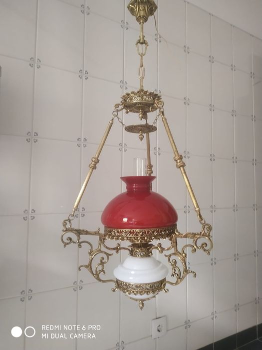 Candeeiro Tecto em Vidro Opalino e Bronze