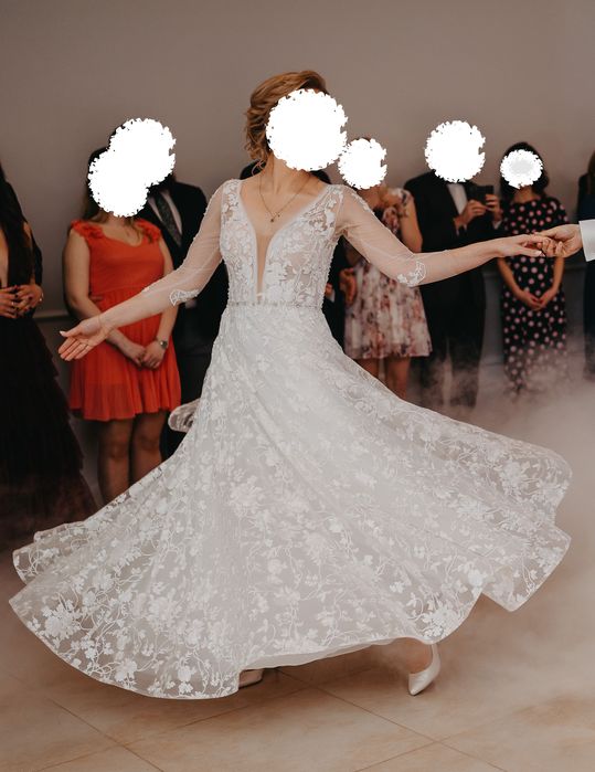 Suknia ślubna w literę A, wzrost 175 cm, koronkowa, biała, wyprana