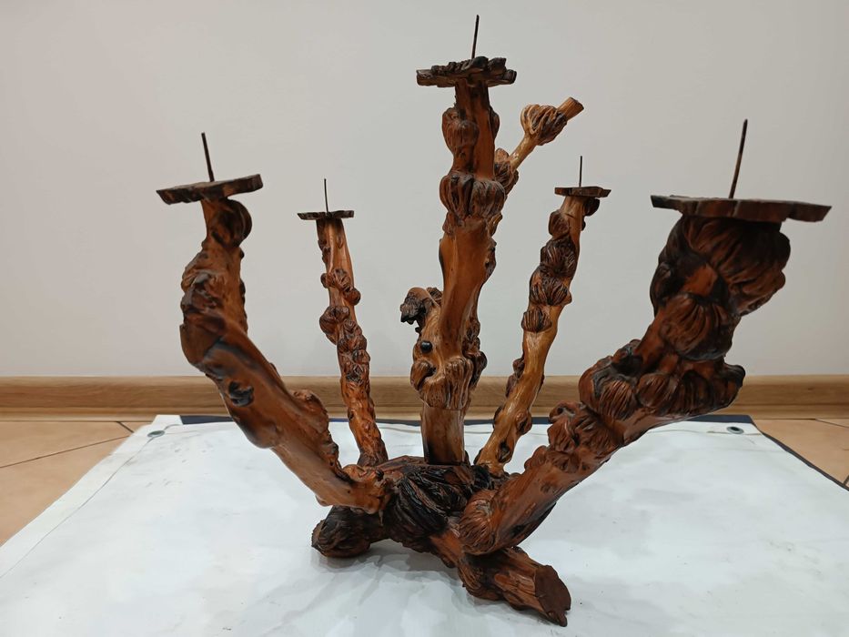 Świecznik drewniany z korzenia, rękodzieło z PRL