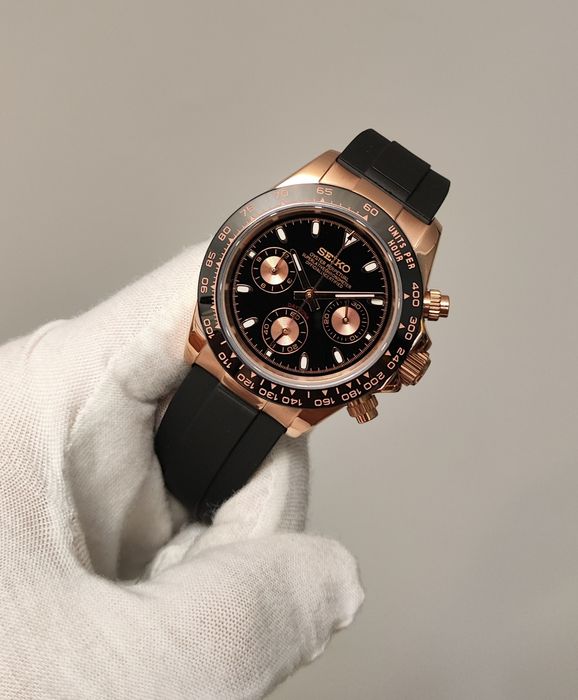 Seiko MOD Daytona Czarny Rose Gold Złoty Custom Personalizowany NOWY Zegarek Męski Pasek Chronograf