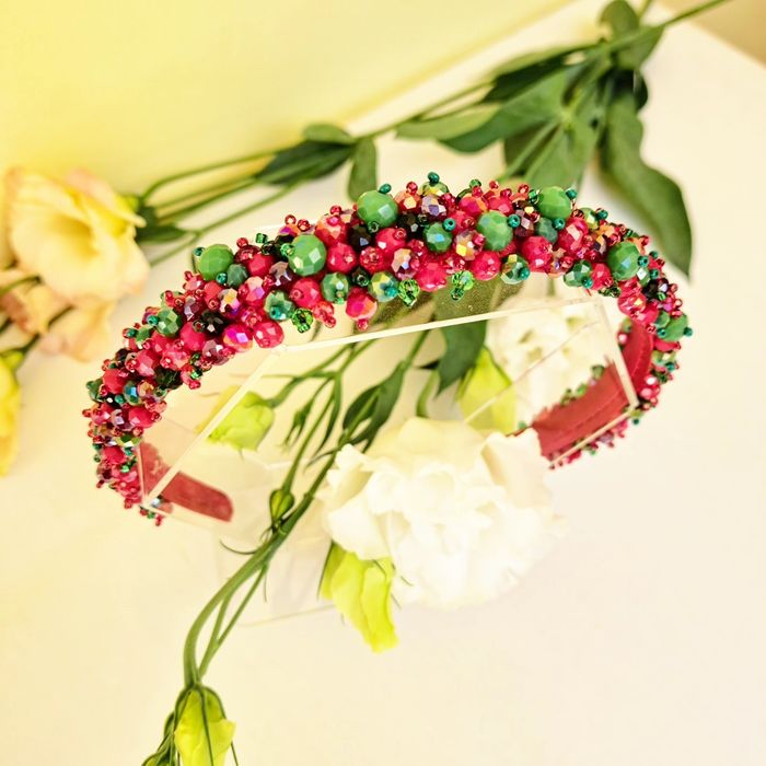 Обідок під вишиванку, сукню. Червоно-зелений обідок ручної роботи.