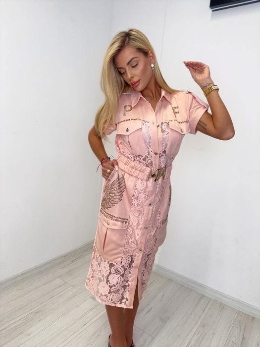 Piękna sukienka koronka z paskiem dwa kolory paparazzi