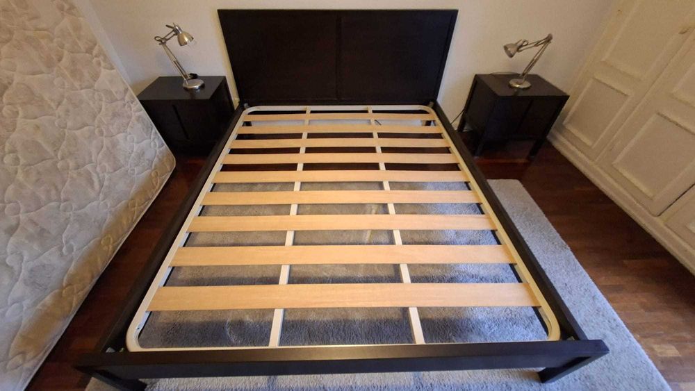 Cama Casal 160×195 Wengé Madeira Natural + Estrado