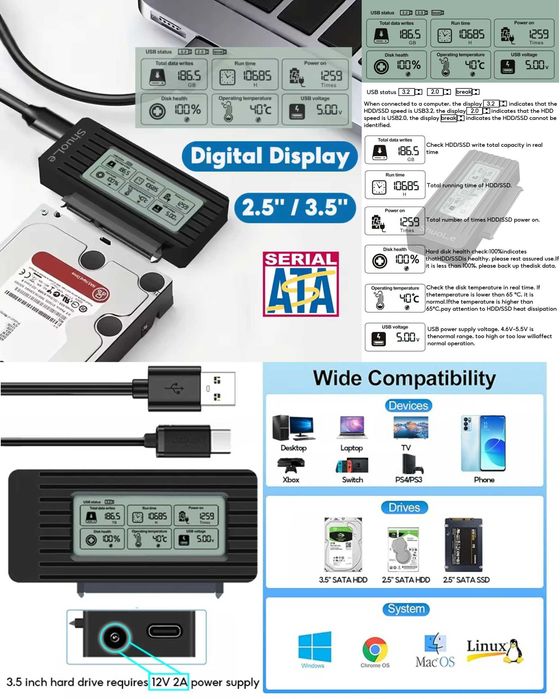 Адаптер докстанция USB 3.0 на SATA для подключения HDD и SDD 2,5"/3,5"