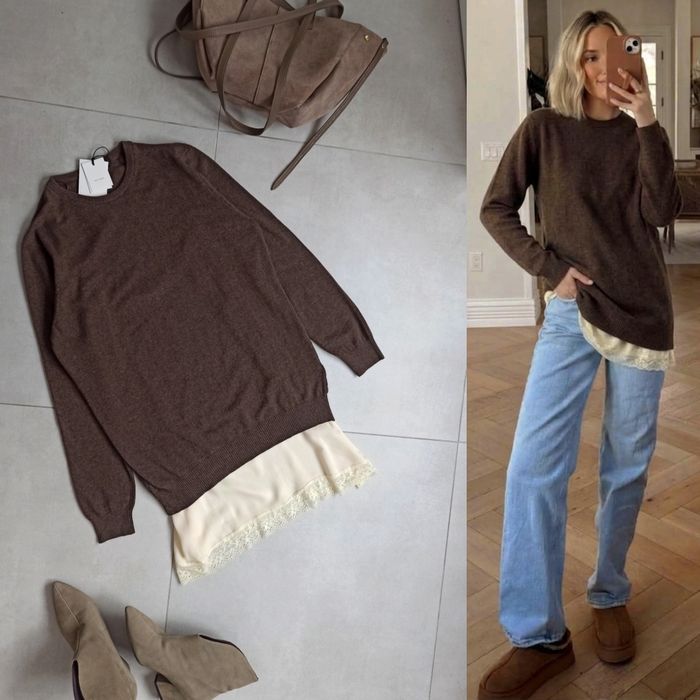 Zara sweter brązowy m 38 koronka kaszmir wełna