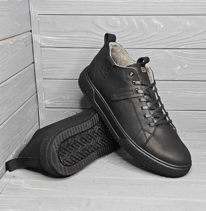 40-48рр!!! Мужские черные низкие зимние кожаные кеды кроссовки! баталы