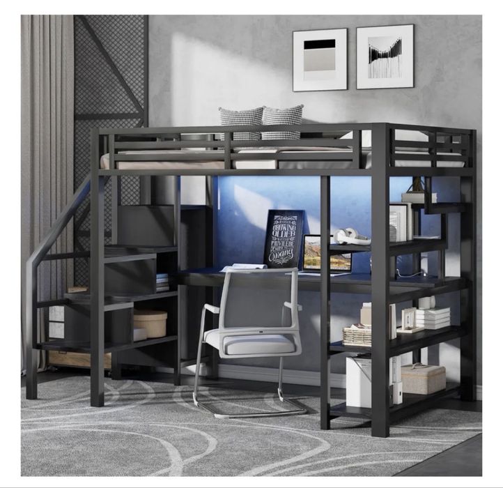 Łóżko piętrowe Flieks 140 x 200 cm z biurkiem i oswietleniem LED, portem USB