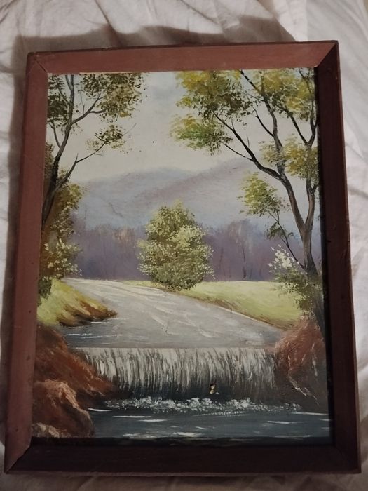 Stary obrazek olejny na płycie.