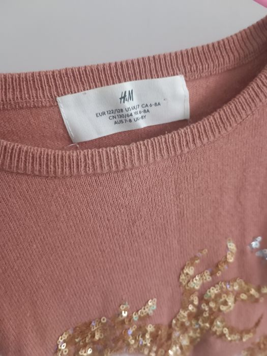 Sweterek 122/128 H&M bawełniany z jednorożcem cekiny falbanka
