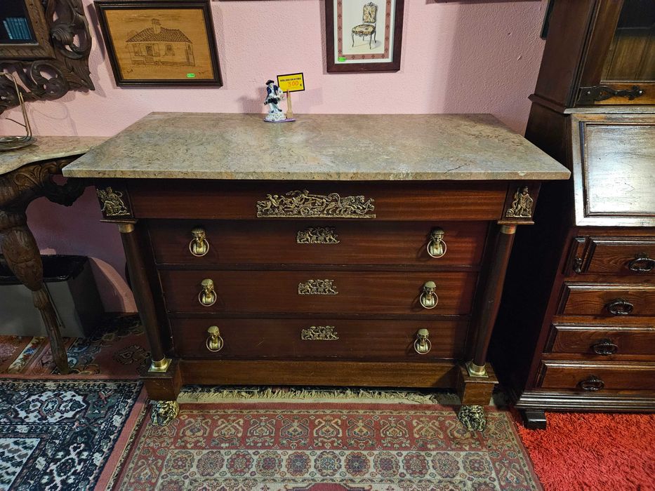 Cómoda antiga estilo Império em madeira e tampo em pedra - Bom estad