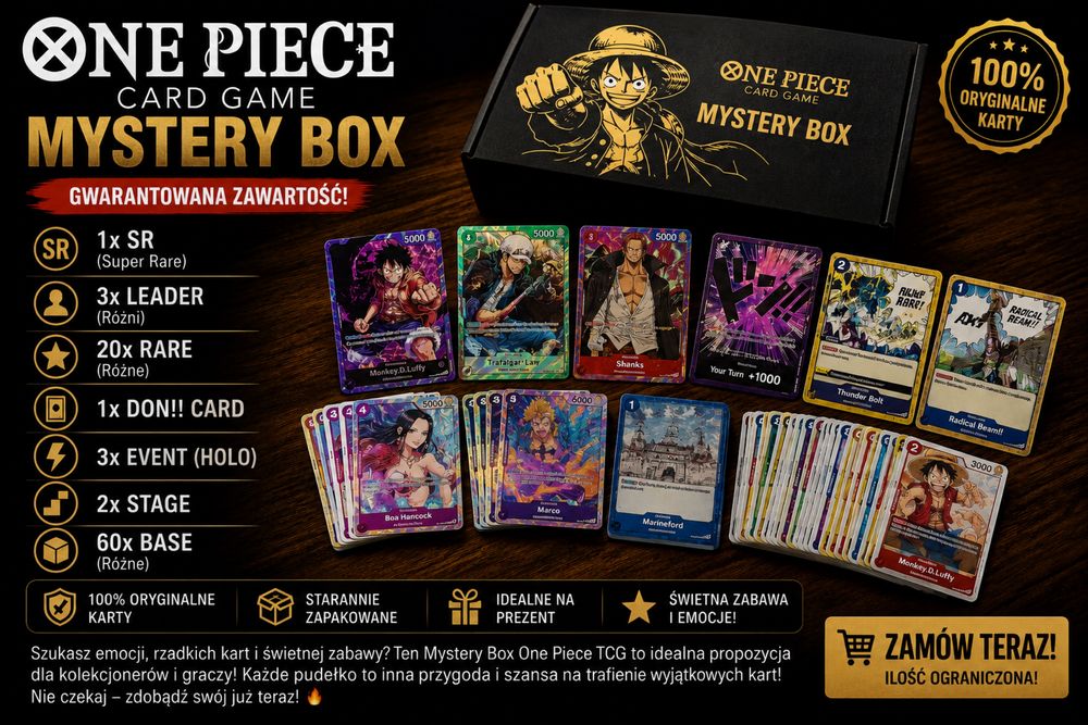 One Piece Card Game Mystery Box – 90 Kart | Gwarantowane SR + Leader | Nowe
