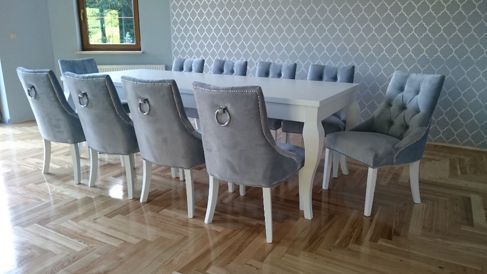 Krzesło tkanina siwa szara z kołatką hampton glamour chesterfield nowe