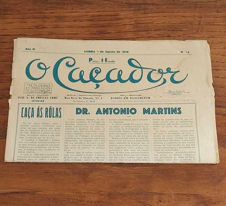 Antigo e RARO Jornal "o Caçador", n.º 14, datado de 1 de Agosto 1928
