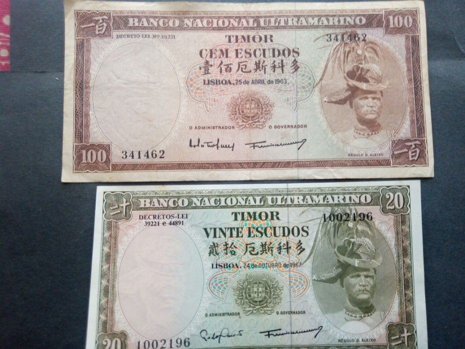 2 notas 20$ e 100$ TIMOR 1967 e 1963 belas e raras VER FOTO