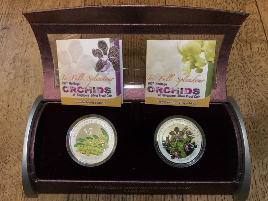 Набір 2 монети х 5 долларів Сінгапур 2007 (Орхідеі) PROOF тираж 8000шт