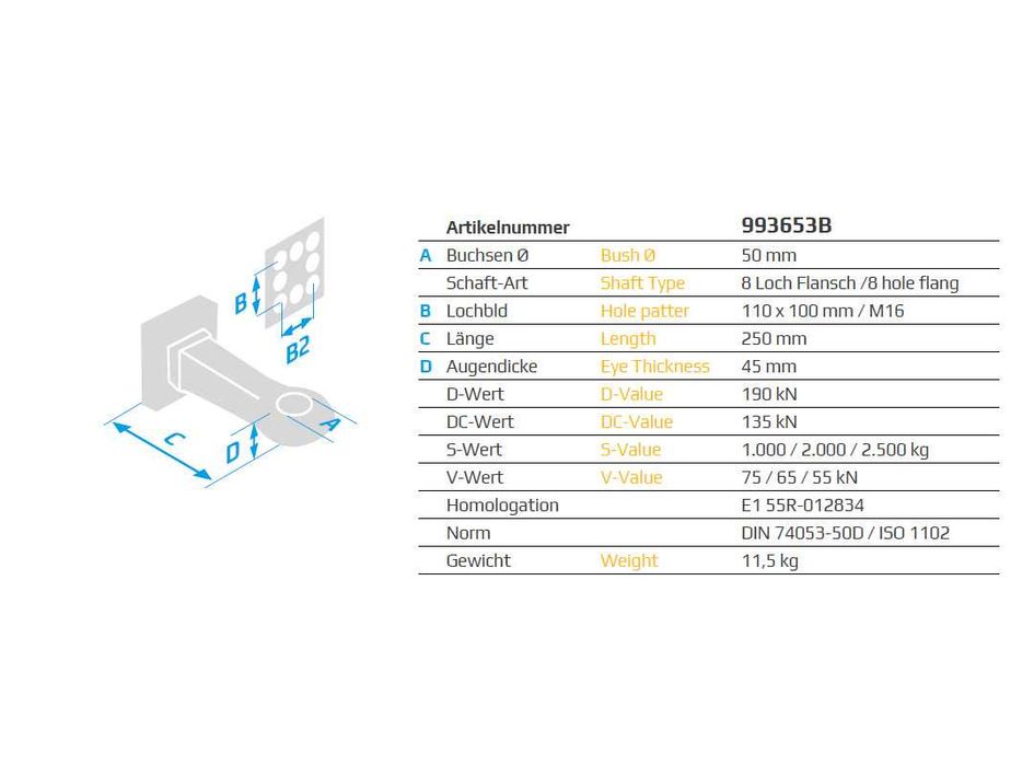 Ucho dyszla ciężarowe 50mm 110x100mm przykręcane zaczep transportowy