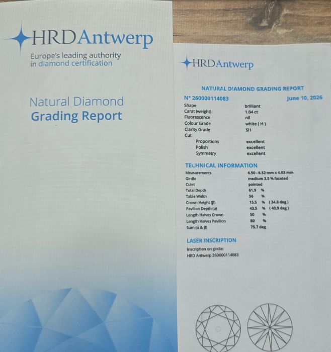 Каблучка з натуральним діамантом 1,04 ct HRD