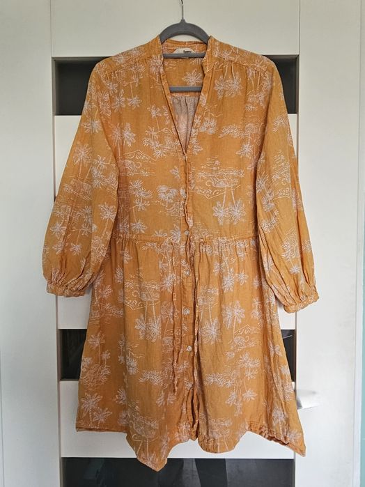 Lniana sukienka pomarańczowa print XS H&M