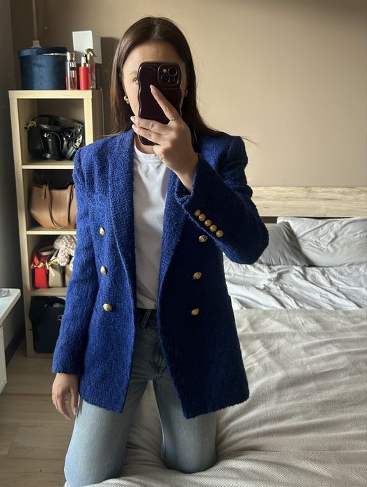 Tweedowa boucle marynarka dwurzędowa zara kobalt 34 XS