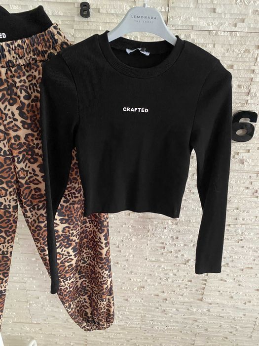 Aszmi Style nowy dres set spodnie wysoki stan top prążek cętki