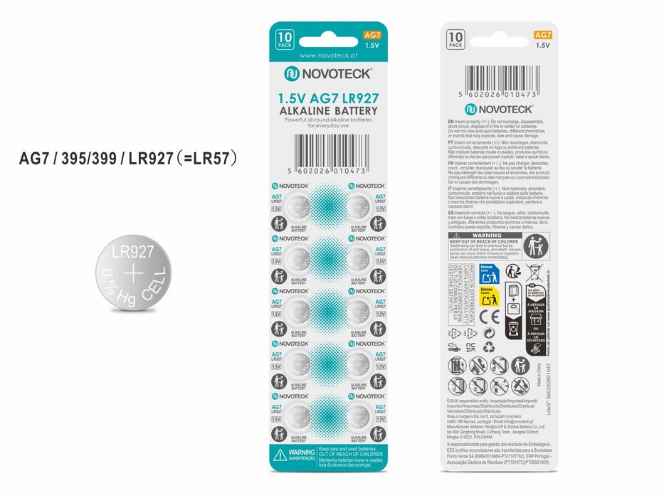 Pack 10 Pilhas Botão NOVOTECK AG7 / LR927 / 395 / 399, 1.5V Alcalinas,
