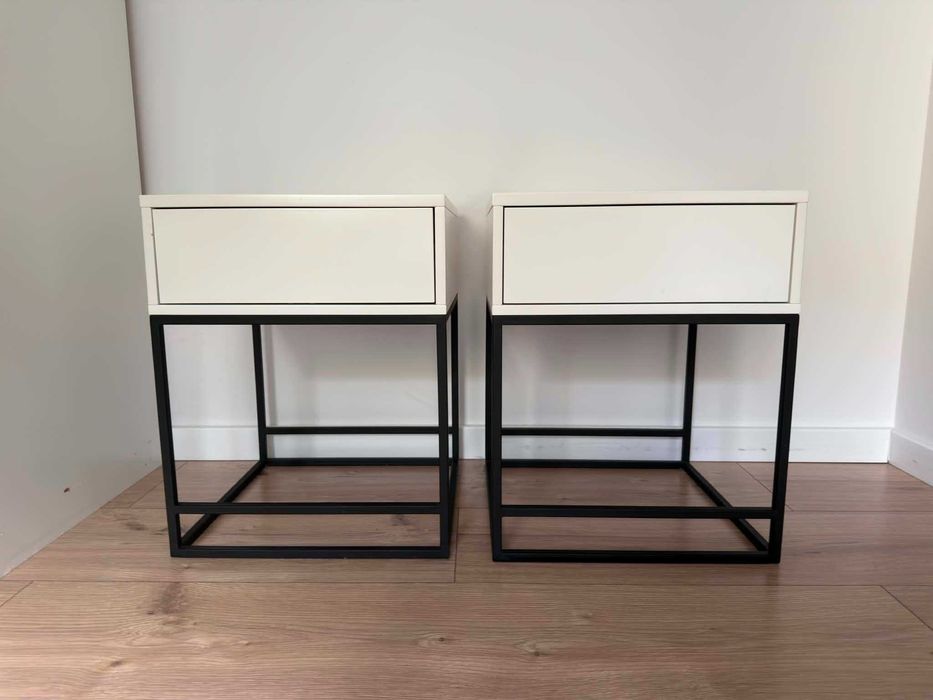 Stoliki nocne zestaw 2 sztuki BIAŁE plyta mdf + metal kolor czarny, kolor biały, szuflada