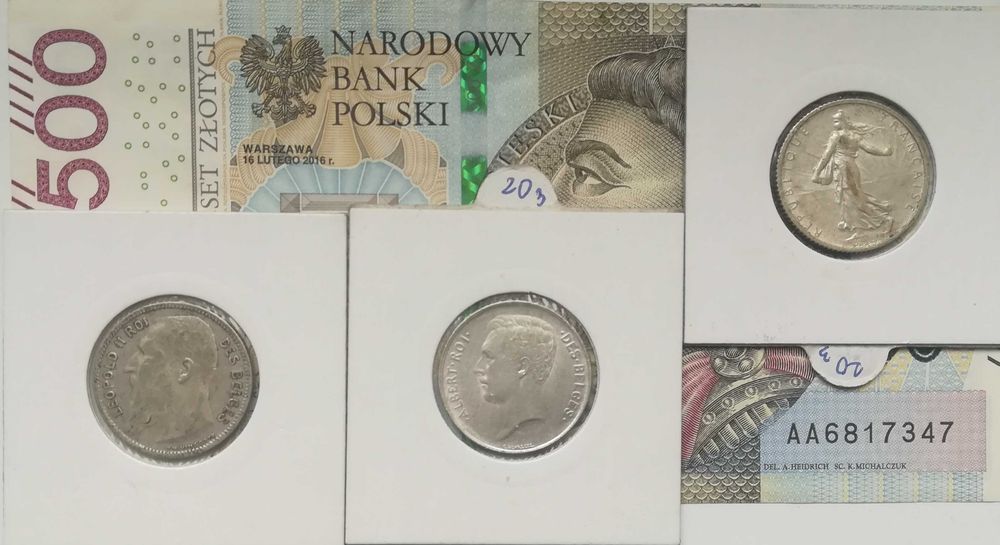 Monety srebrne zestaw 3 sztuk 1 frank Francja i Belgia srebro.