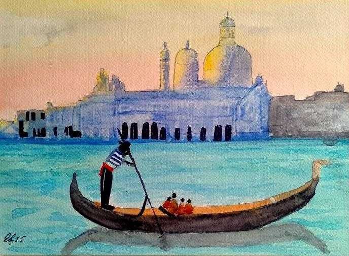 Aguarela pintada a mão " Impressões de veneza"