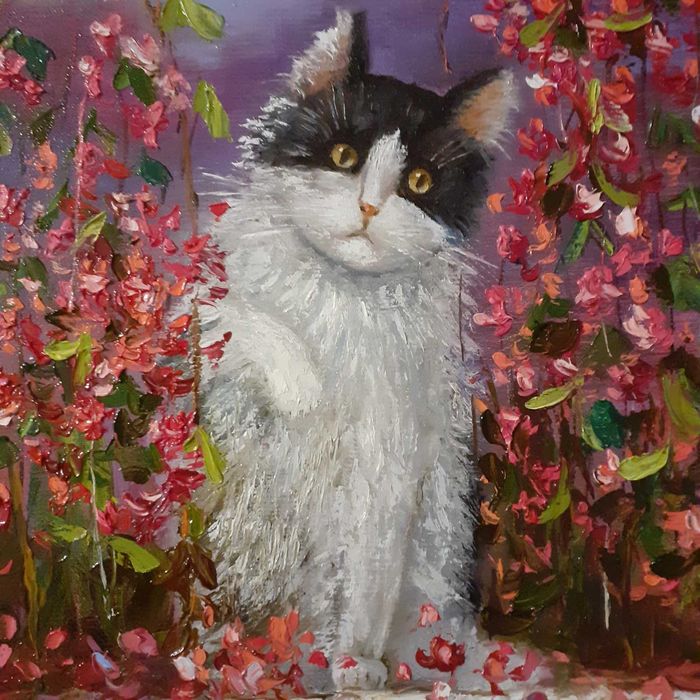 Картина кіт, слон, олія, полотно 40х40 см в дитячу, на подарунок