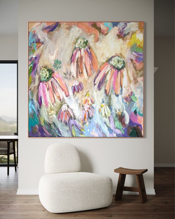 Obraz abstrakcyjny malowany ręcznie na płótnie 100x100 cm, kwiaty