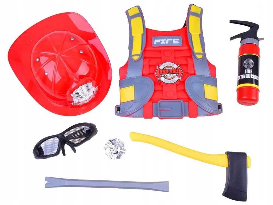 Ігровий набір пожежного с жилетом каска вогнегасник бризкає водою лом