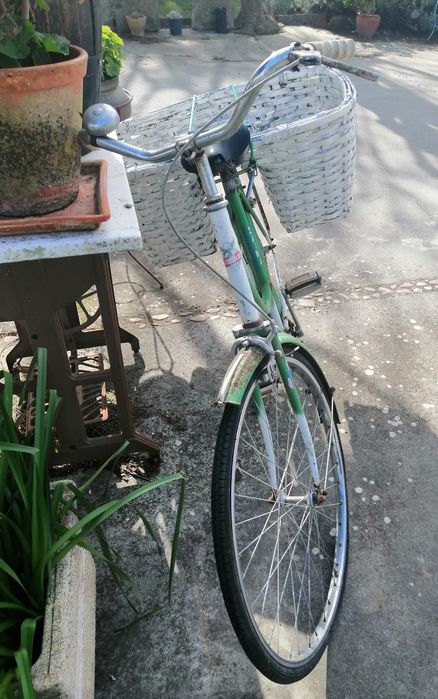 Bicicleta verde com alforge antigo