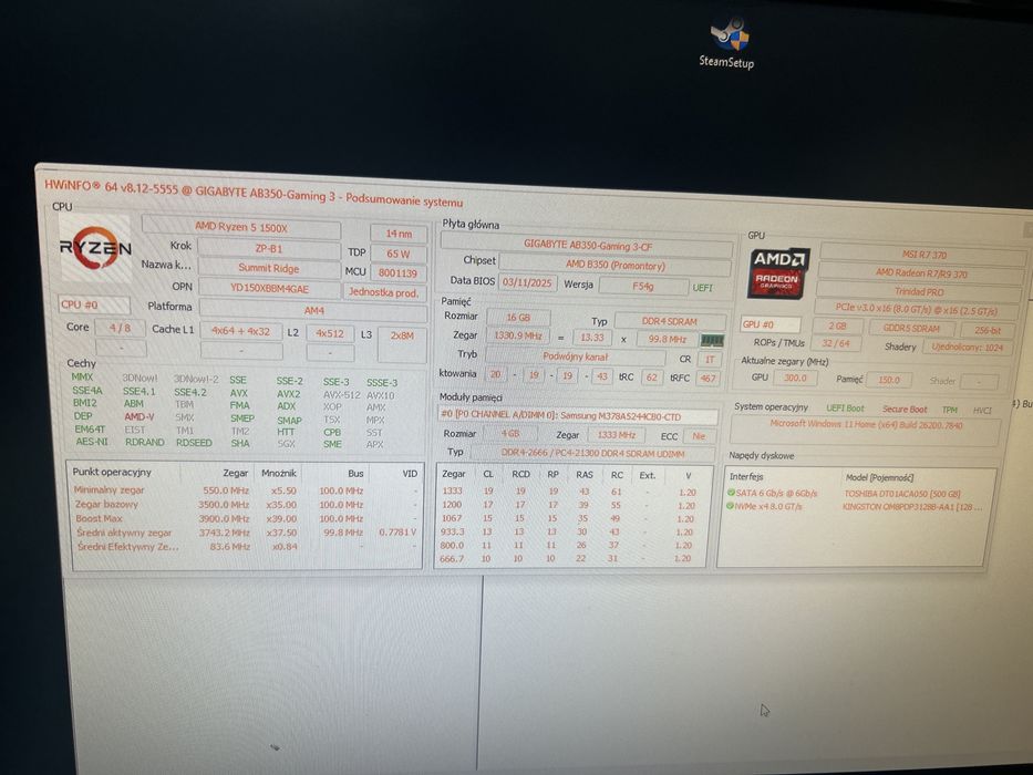 Komputer Gamingowy: Ryzen 5 1500X- 4R/8W/Dyski 628GB/16GB RAM/MSI-2GB/