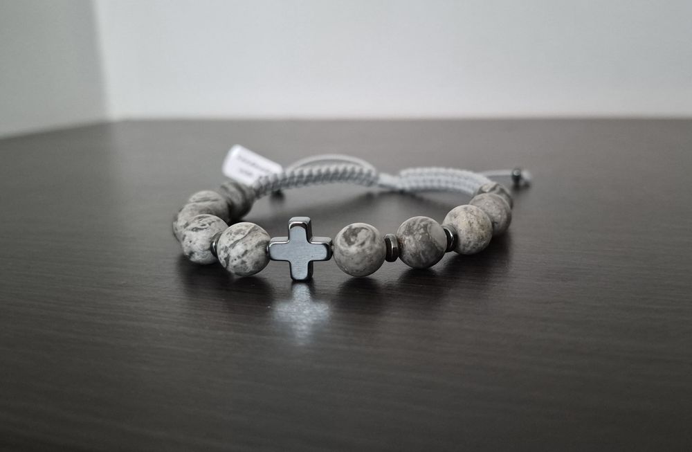 Różaniec męski jaspis picasso 10mm hematyt