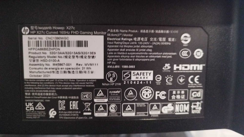 Monitor Gaming HP X27c Curvo 27” 165Hz Full HD FreeSync